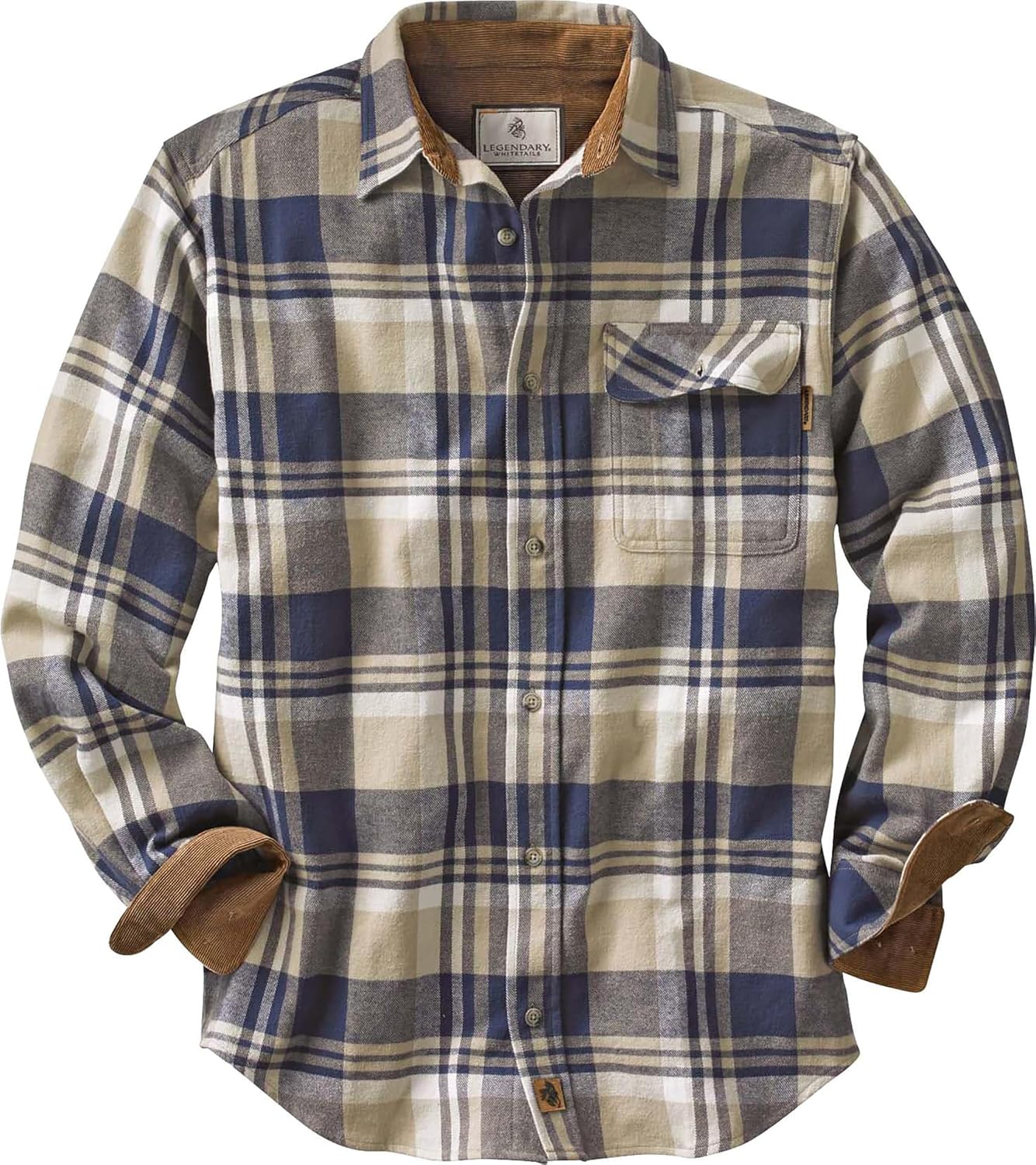 Legendary Whitetails Men’s Buck Camp Flannel, Long Sleeve Plaid Button Down Casual Shirt, Corduroy Cuffs